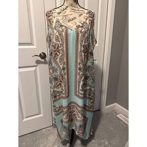One World Paisley Scarf Print Handkerchief Hem Midi Dress Turquoise Lattice Back